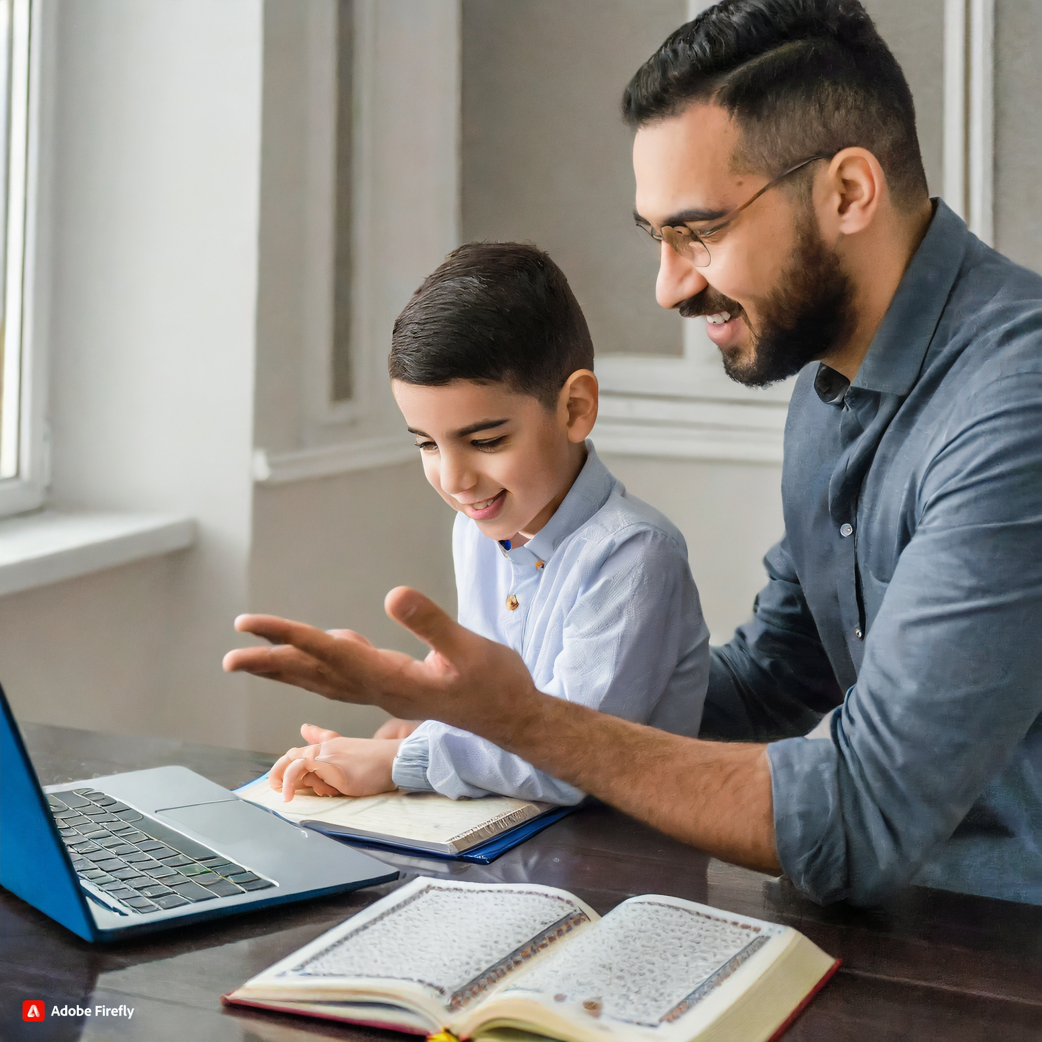 A Quran teacher encouraging a child during an online class