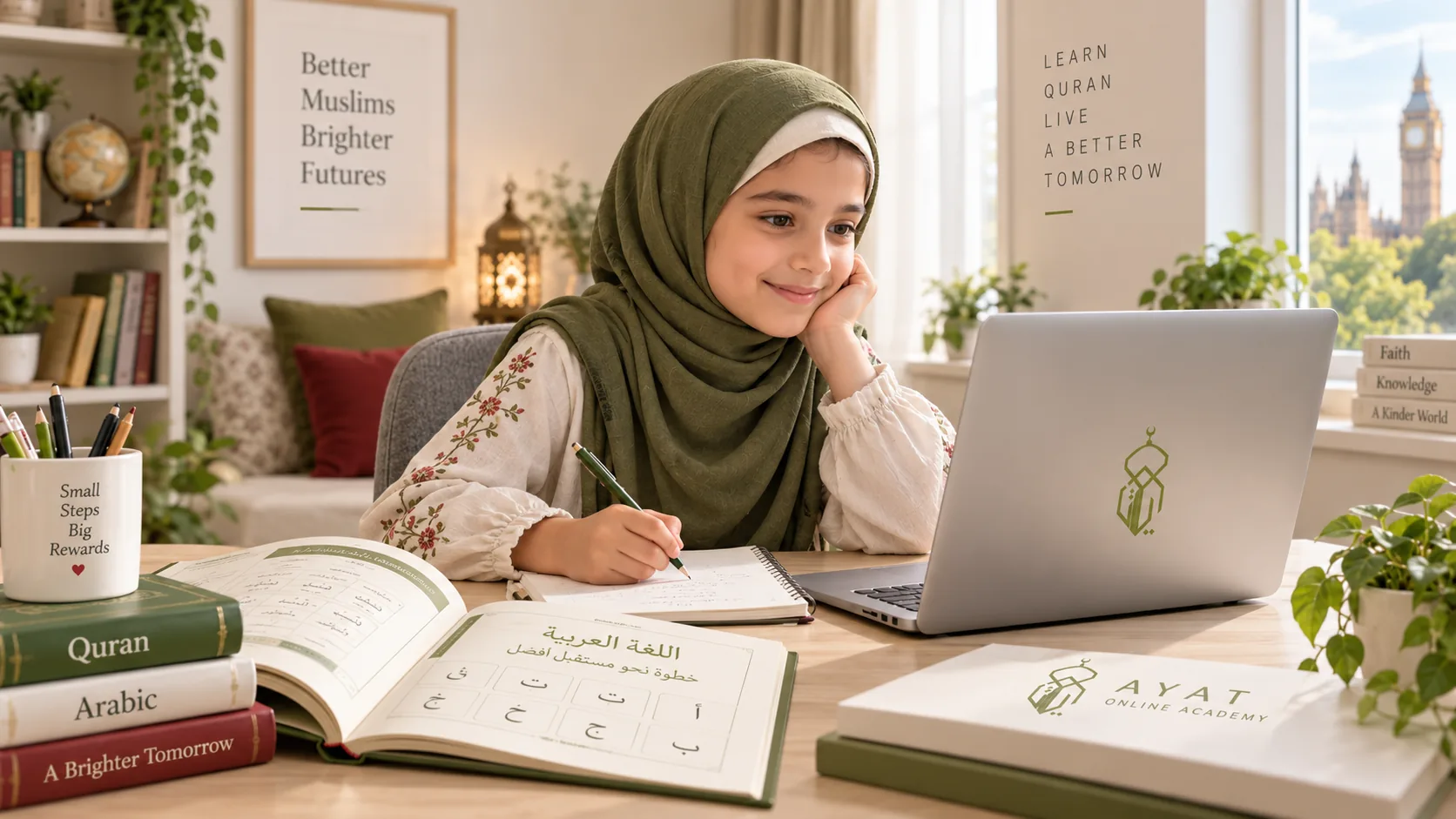 Young Muslim student learning Arabic online