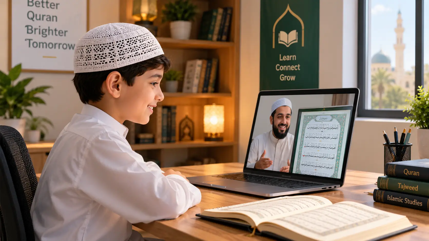Parent et enfant terminant ensemble une séance paisible de Coran
