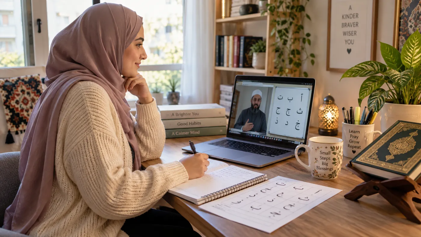 Adulte débutant travaillant la reconnaissance des lettres arabes