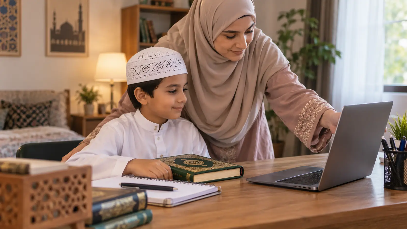 Parent observant calmement le cours de Coran en ligne de son enfant