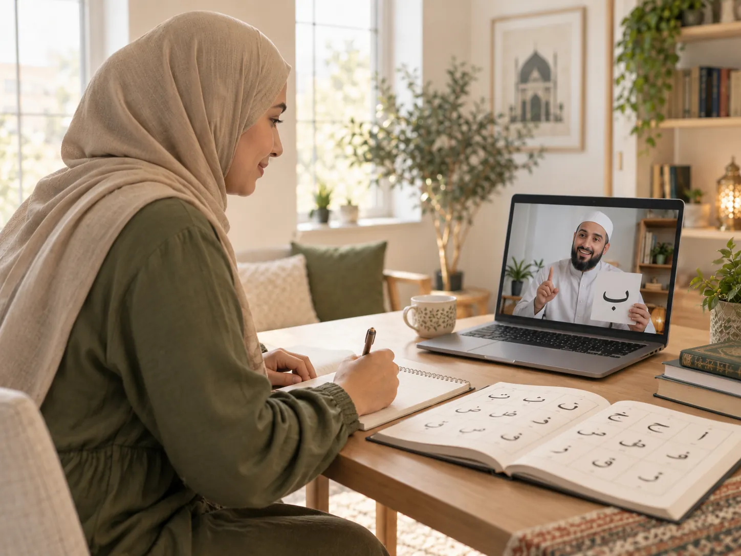 Débutant apprenant les lettres arabes avant de lire le Coran en ligne