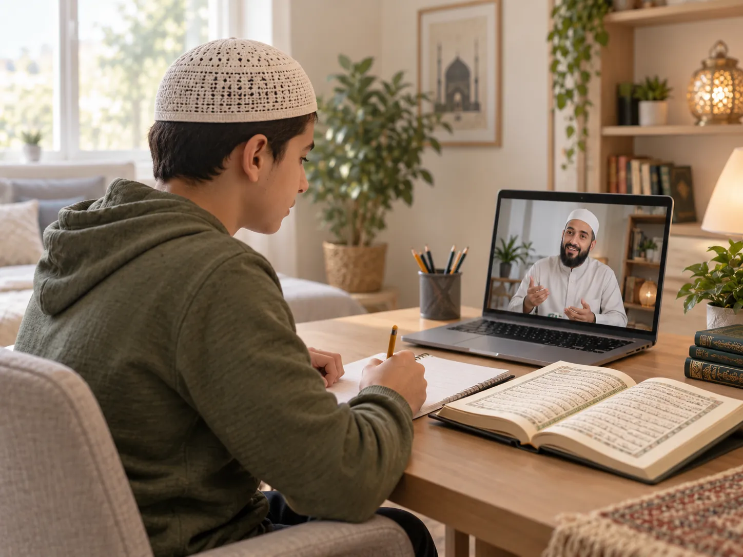 Adulte recevant une correction de prononciation pendant un cours de Coran en ligne
