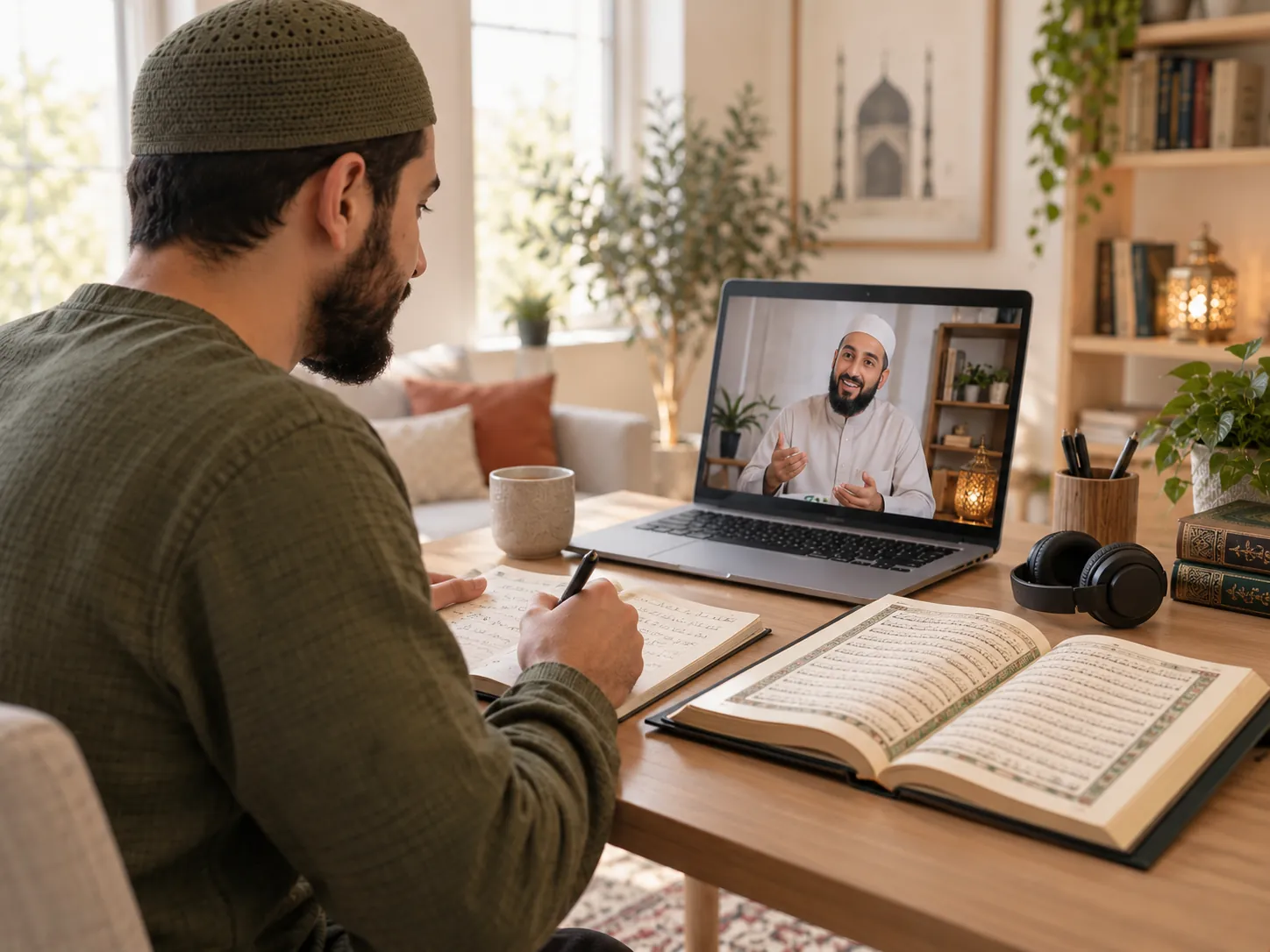 Adulte musulman lisant le Coran avec calme après une pratique régulière