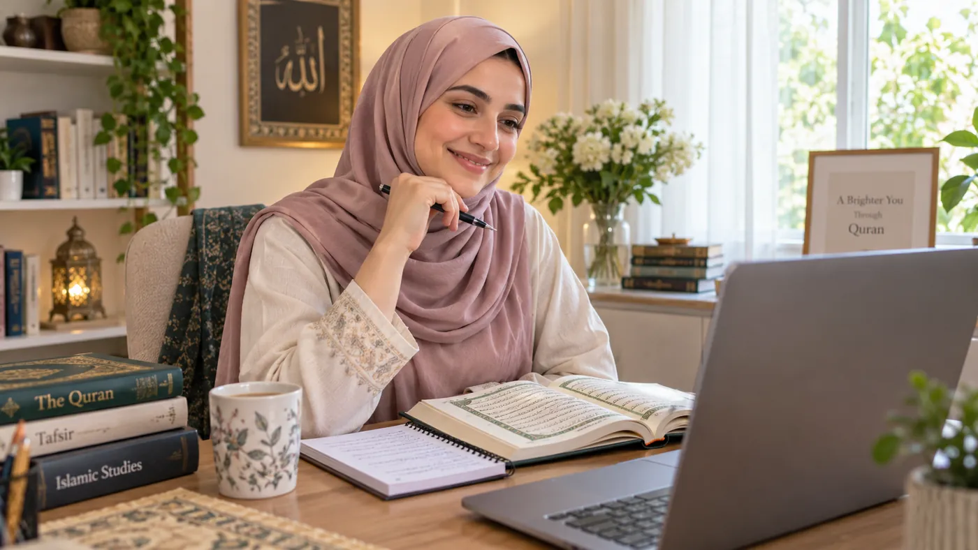 Adult Muslim learner making careful notes during Quran study