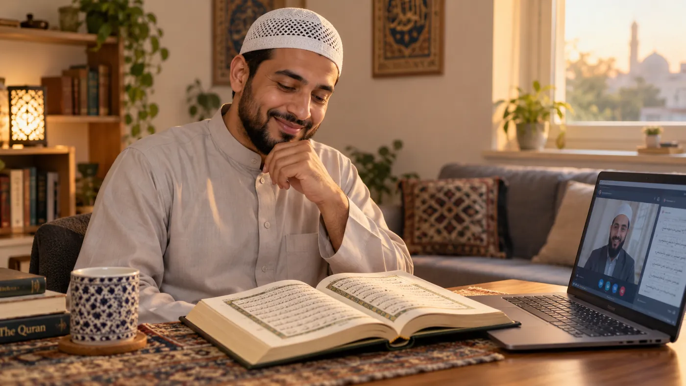 Adult Muslim reading Quran calmly at home after beginning later in life
