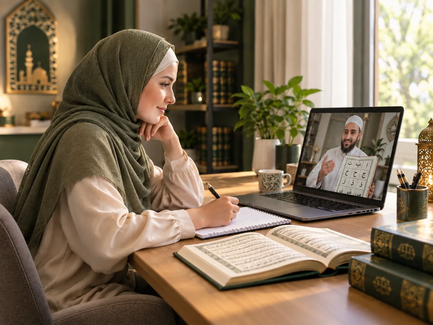 Professeur en ligne démontrant un son arabe à un étudiant non arabophone