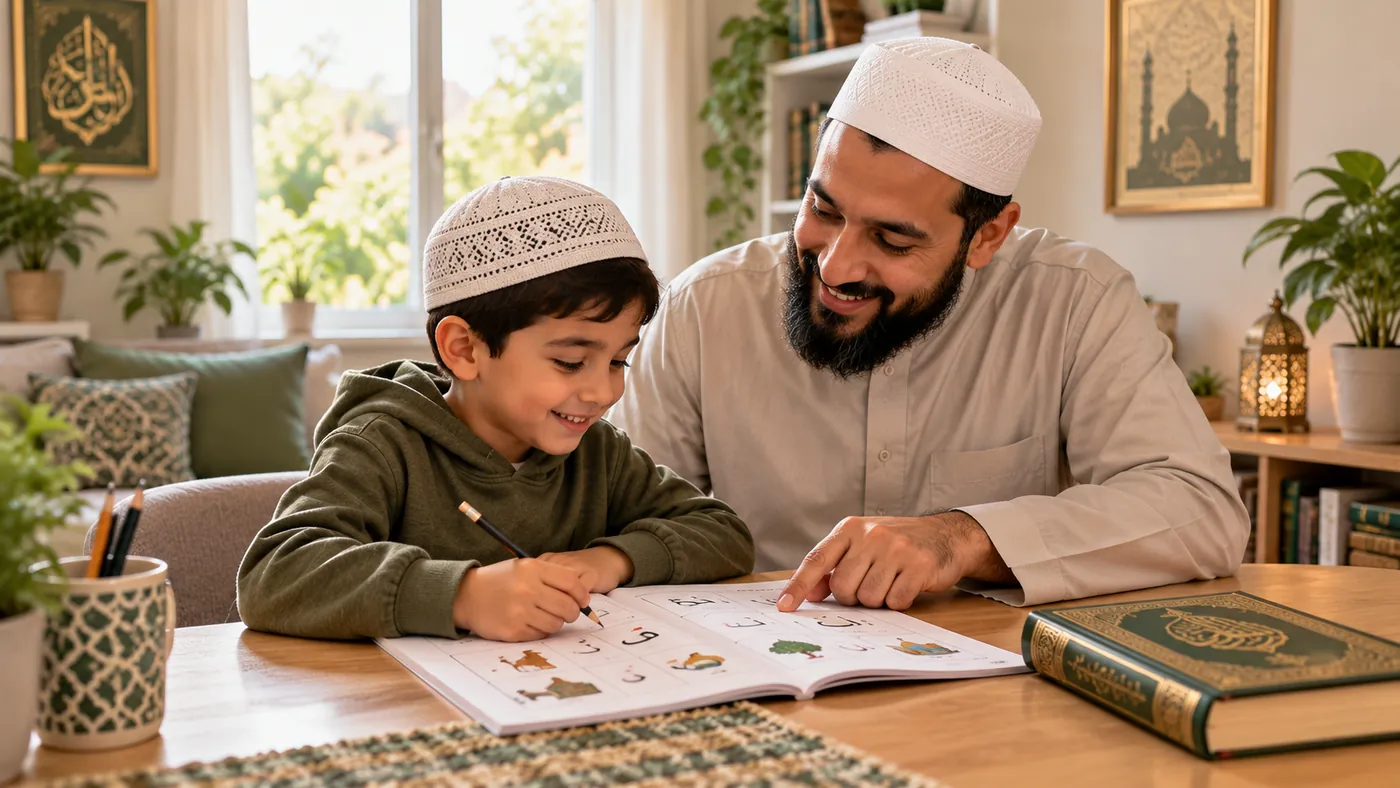 Parent and child reviewing a Quran lesson together after class