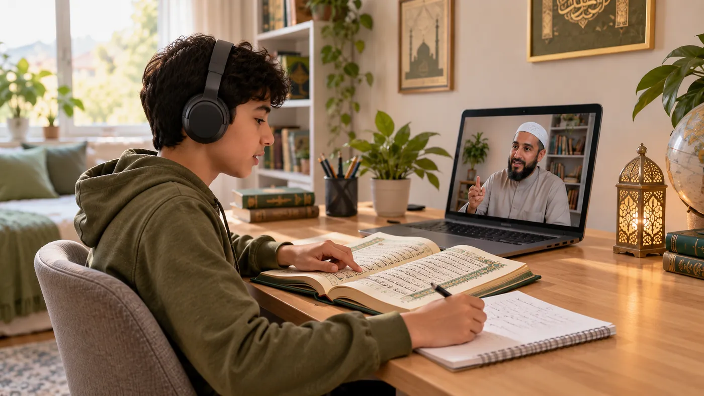 Muslim parent modelling a calm Quran reading habit at home