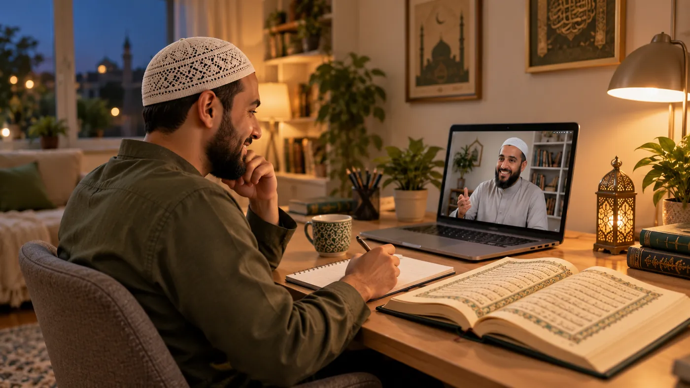 Busy Muslim adult following a short morning Quran practice routine