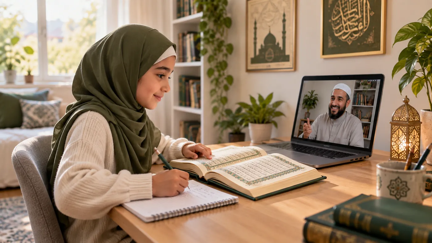 Adult using a short study break for focused Quran correction practice