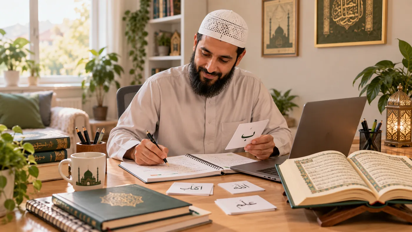 Simple weekly Quran learning review at a home desk