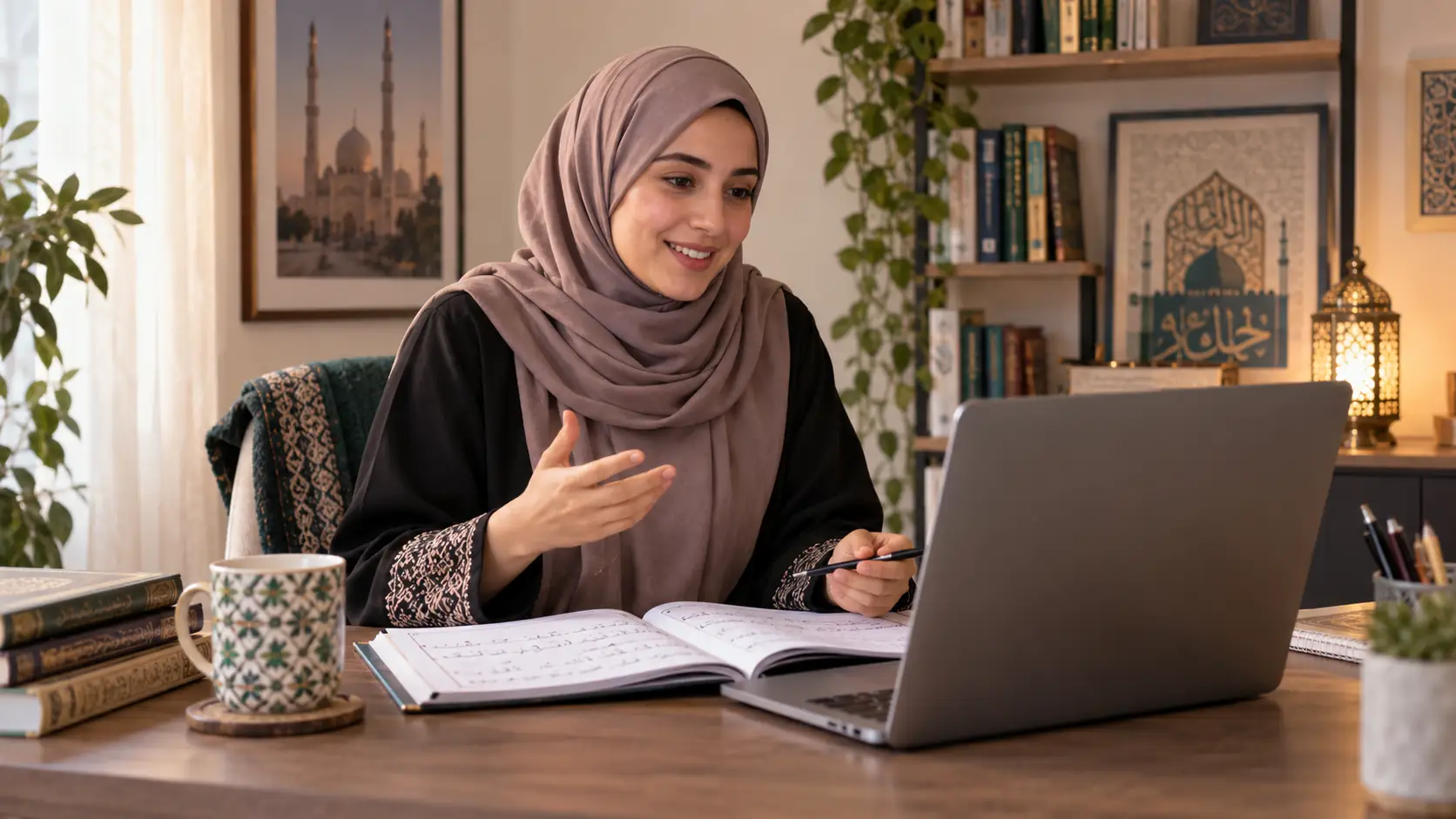 Beginner practising Quran pronunciation during an online lesson