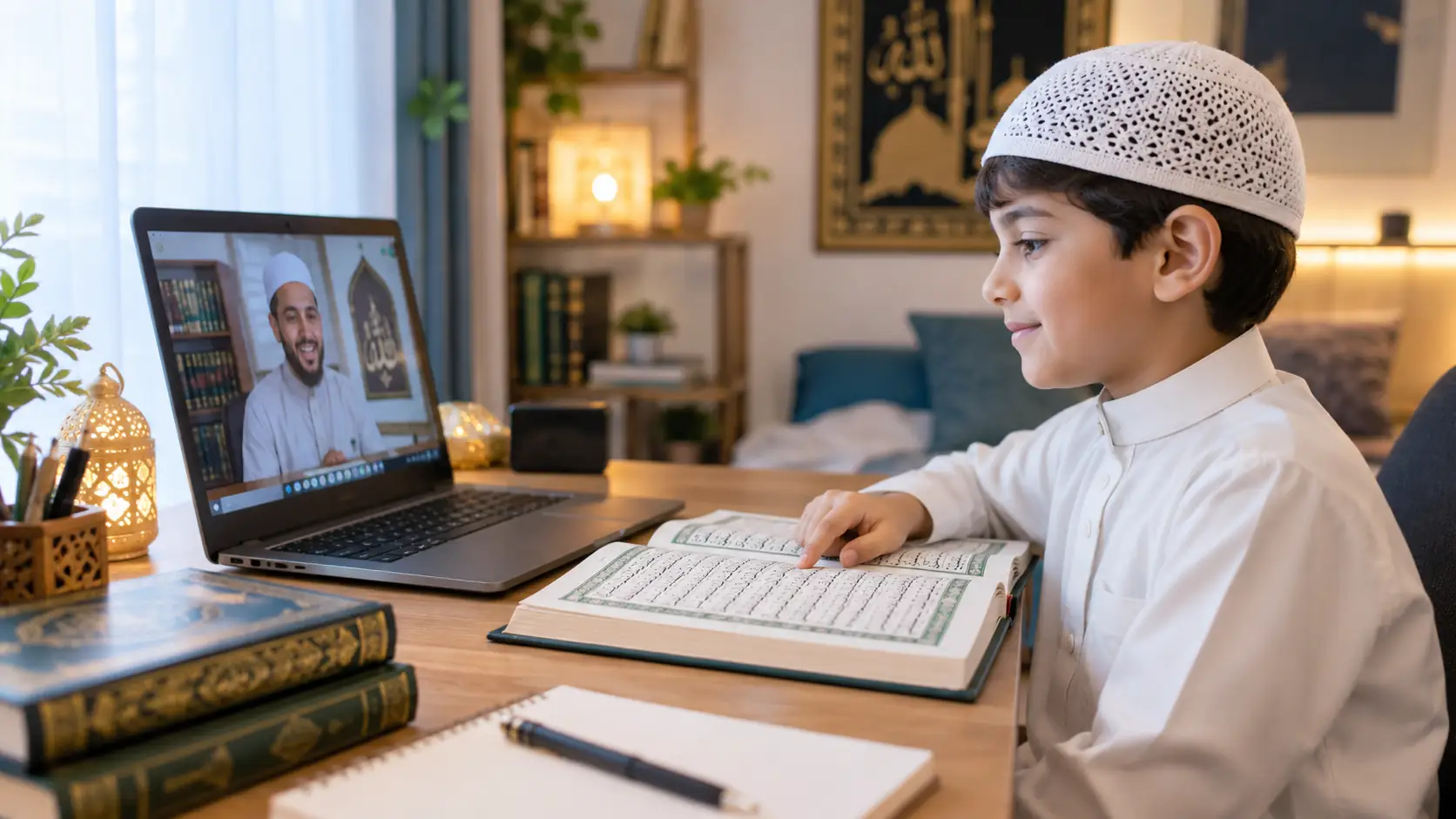 Beginner practising one Arabic sound carefully with a small mirror