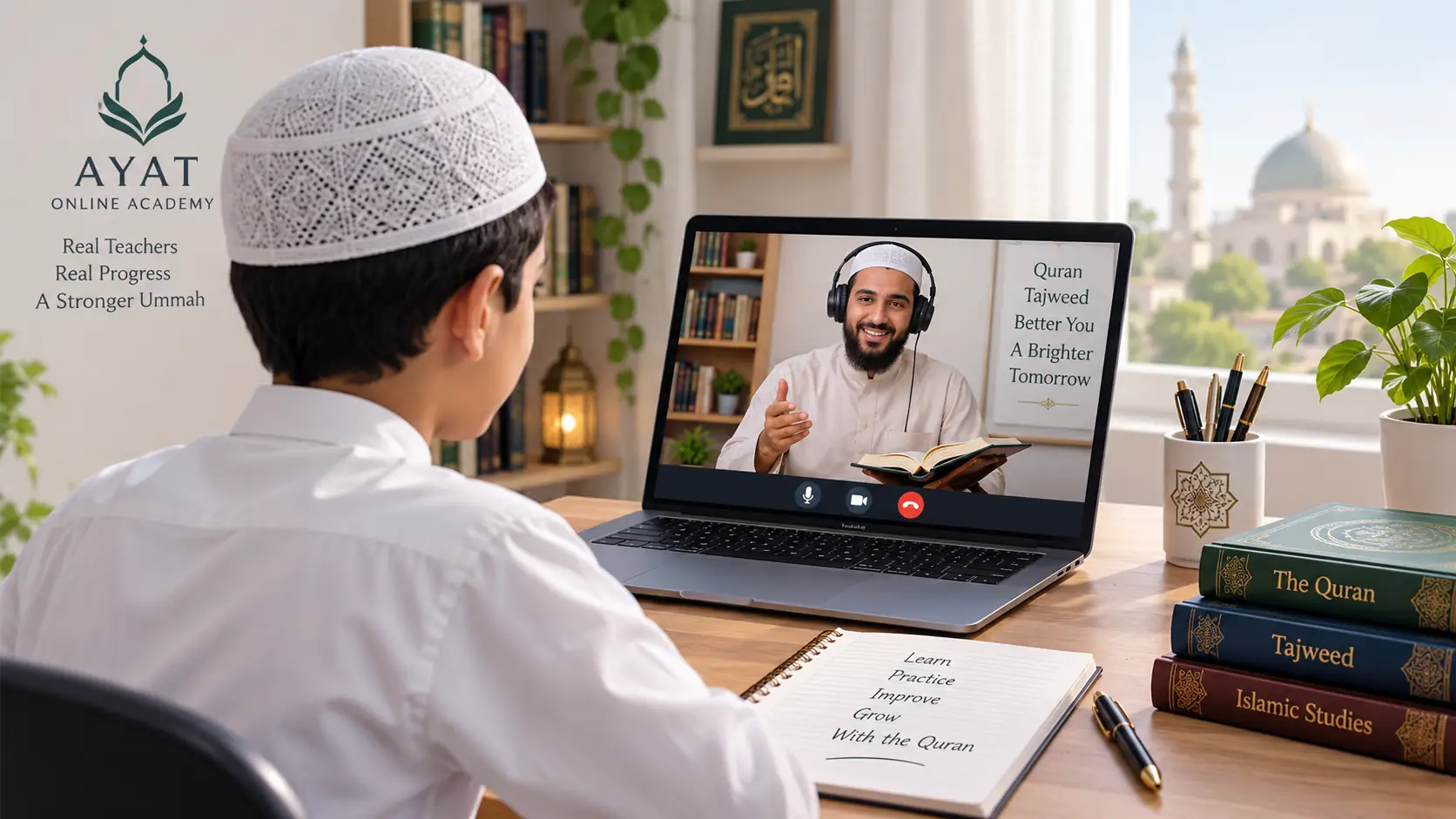 Learner receiving a short reading assessment during an online Quran class