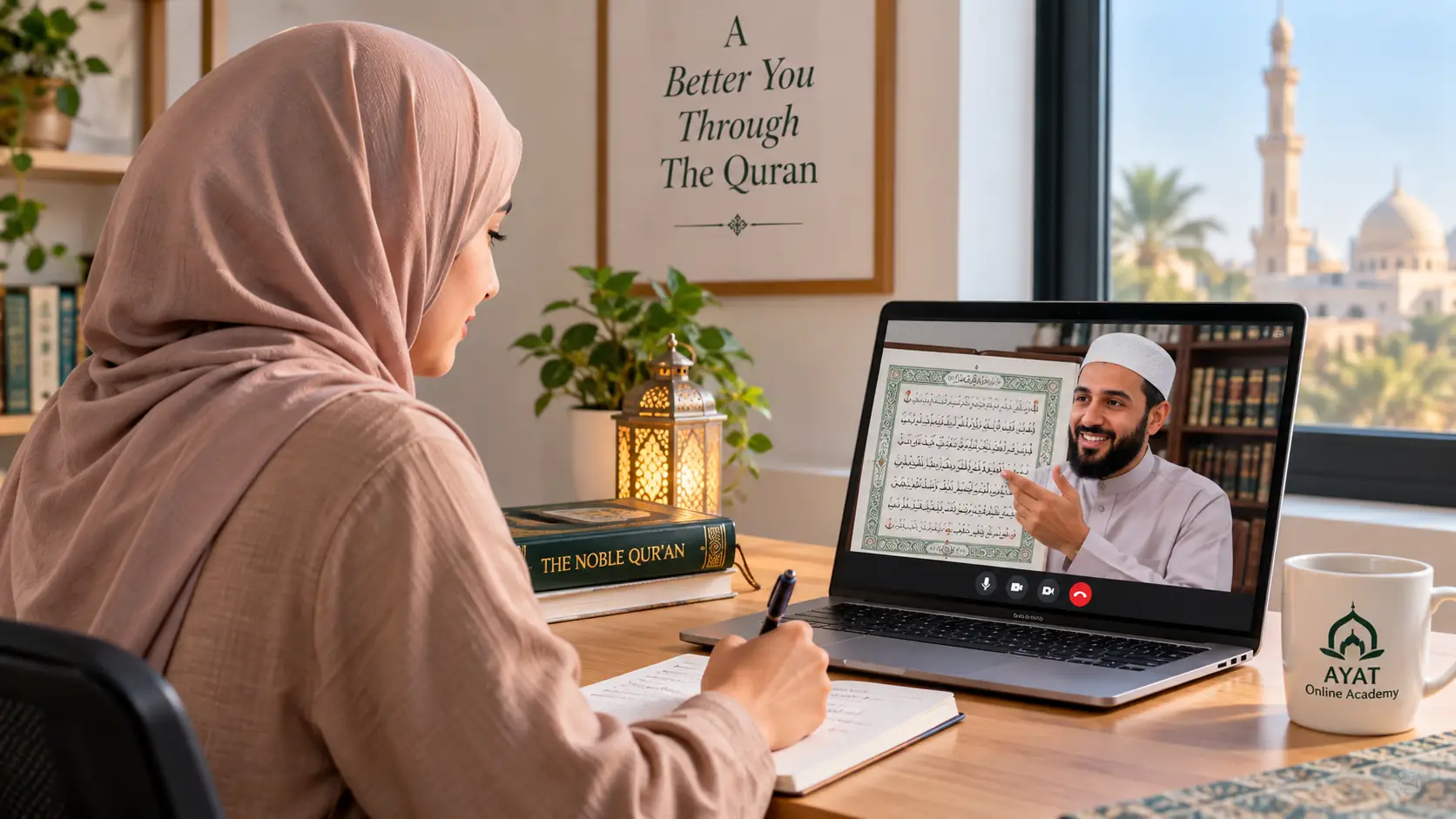 Parent and child checking a laptop before a Quran trial lesson