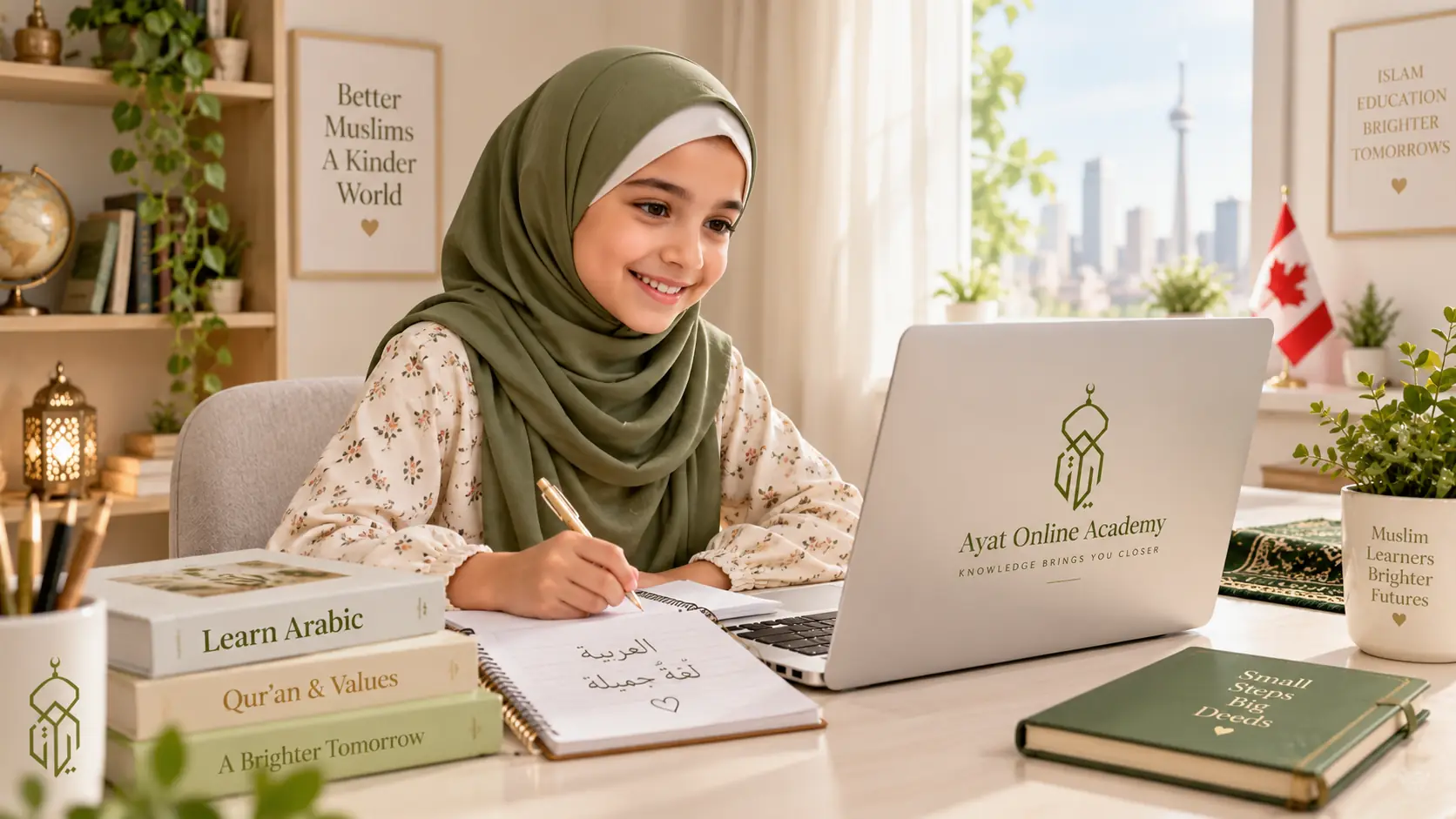 Élève musulmane apprenant l’arabe en ligne au Canada