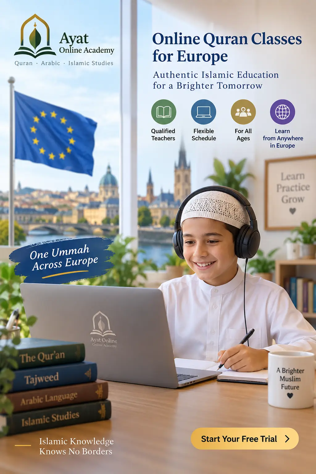 Enfant musulman apprenant le Coran en ligne en Europe
