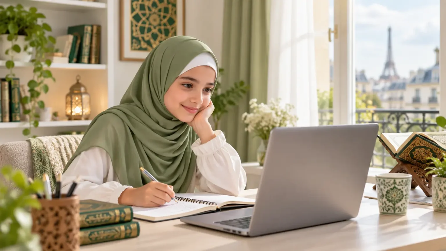 Jeune élève apprenant le Coran et l’arabe en ligne en France
