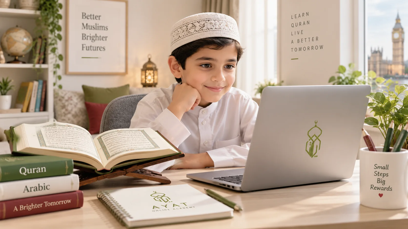Child taking an online Quran class in the UK with Ayat Online Academy
